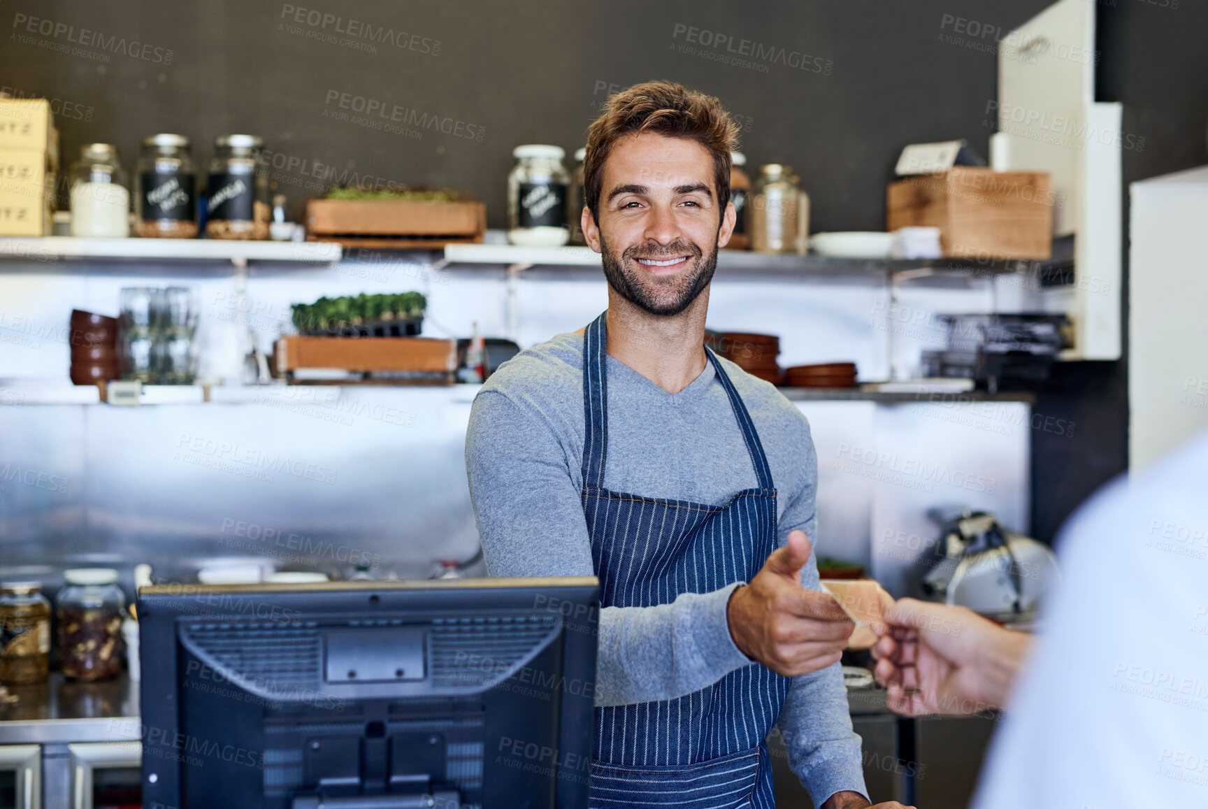 Buy stock photo Cashier, smile and credit card for payment, financial transaction and service in coffee shop. Barista or server and happy in cafe for discount, purchase or checkout in hospitality, b2c or giftcard