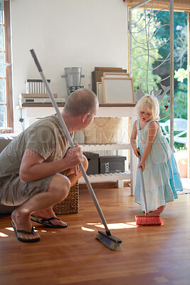 Buy stock photo Father, daughter and broom for sweeping in home, helping and learn to clean for housework. Daddy, girl and bonding for hygiene or responsible housekeeping, dust and routine service for parenting