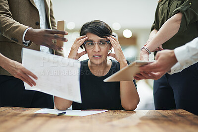 Buy stock photo Woman, stress and anxiety with documents for team with multitasking at work for business, workplace and company. Female person, headache and time management for deadline as project manager in finance