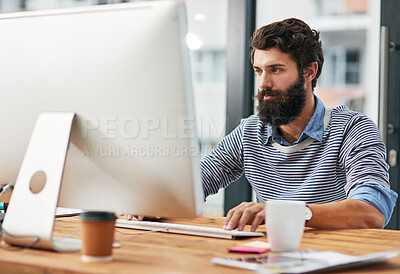 Buy stock photo Business, thinking or man with computer, online reading or problem solving with research for project, email or editing article. Person, internet or employee with pc, journalist or planning in office