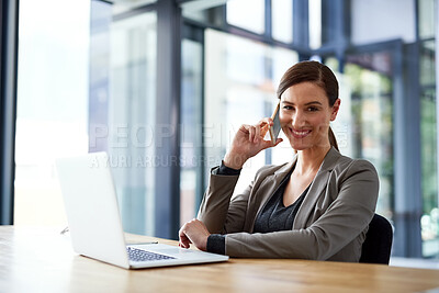 Buy stock photo Office, woman and happy in phone call with laptop for customer or client support as lawyer. Portrait, employee and legal advisor or consultant in smile or pride and satisfied with career growth