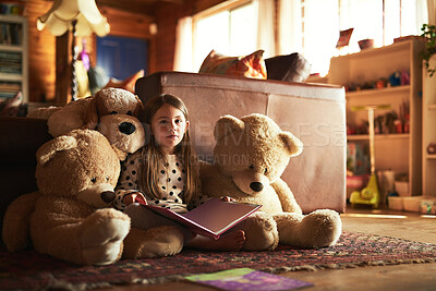 Buy stock photo Portrait, teddy bear and girl with book for reading, education and language development. Home, toys and female child with textbook for storytelling, drawing and entertainment with fantasy in house