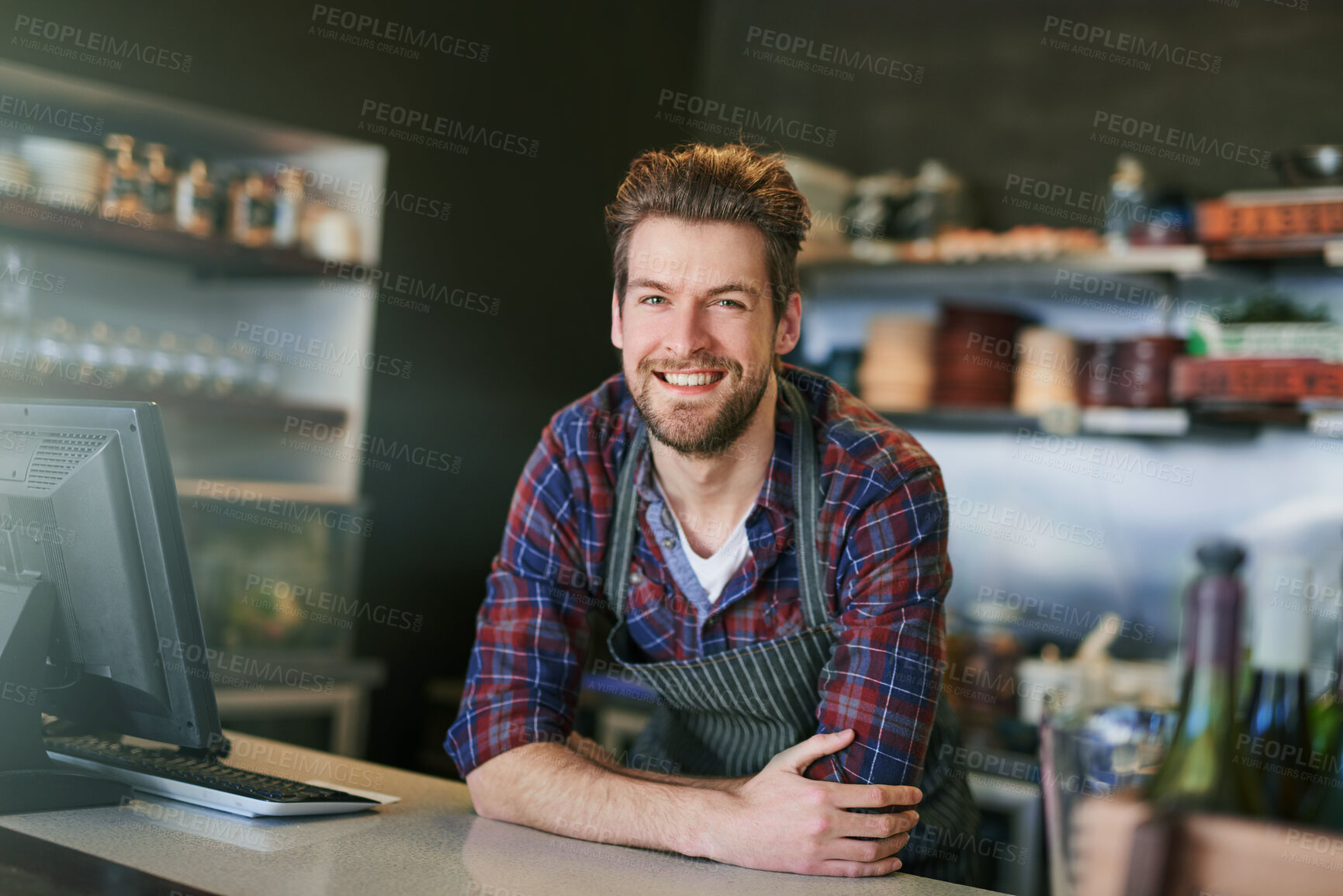 Buy stock photo Cafe, cashier and small business for man, portrait and smile for customer service and computer. Happy, employee and person in coffee shop, retail and barista in New York, morning and confidence