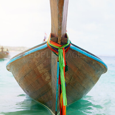 Buy stock photo Fishing boat, summer at the beach and row for coastal trip or sailing, shoreline or seashore. Travel, craft waiting for passenger in Thailand and journey to island, outdoor vessel or ocean scenery