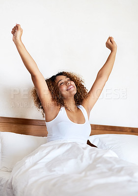 Buy stock photo Wake up, bed and woman with smile, stretching and morning in home, wellness and bedroom of apartment. House, happiness and African girl with joy, person and relax with peace, comfort and rest