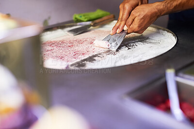 Buy stock photo Vendor, hands and street food with ice cream, rolls and sweet snack for Thailand market. Small business, entrepreneur and organic produce for cold dessert, eating or fresh gourmet in asian road stall