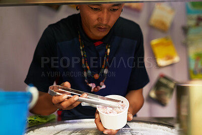 Buy stock photo Vendor, tongs and snack with ice cream, rolls and sweet street food for Thailand market. Small business, entrepreneur and organic produce for nutrition, eating and fresh cuisine in asian road stall