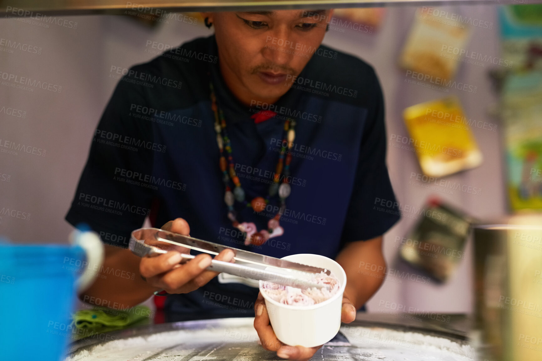 Buy stock photo Vendor, tongs and snack with ice cream, rolls and sweet street food for Thailand market. Small business, entrepreneur and organic produce for nutrition, eating and fresh cuisine in asian road stall