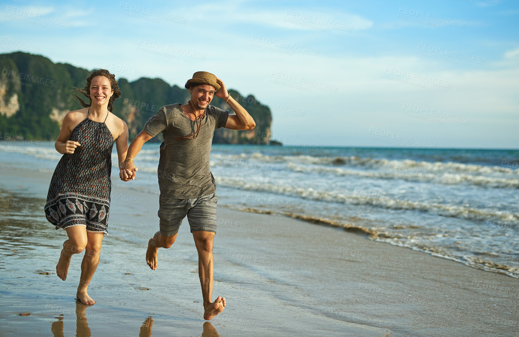 Buy stock photo Running, couple and holding hands at beach on vacation, love and travel to Bali for adventure at sea. People, freedom and together in outdoor nature, tropical date and support on holiday by ocean