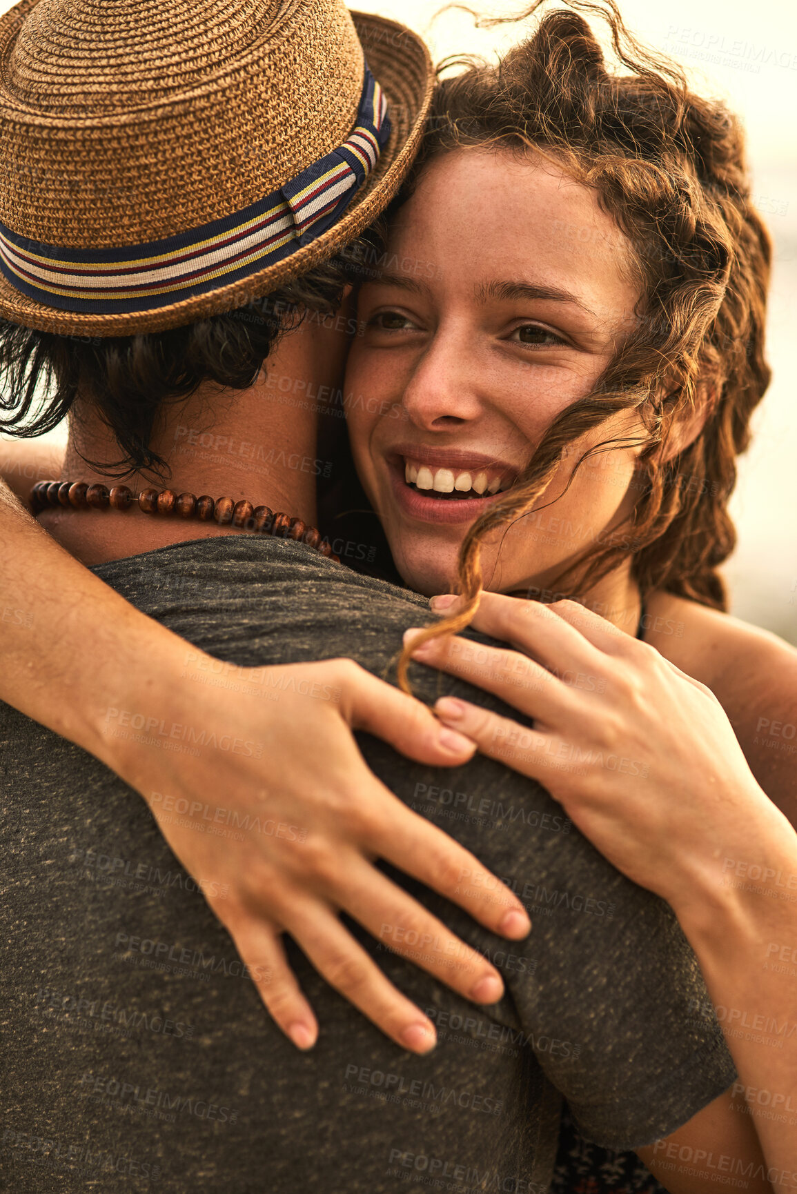 Buy stock photo Date, couple and hug in outdoor on vacation, support and travel to Bali for romance on weekend. Happy people, relax and embrace for trust in nature, love and bonding together on holiday for marriage