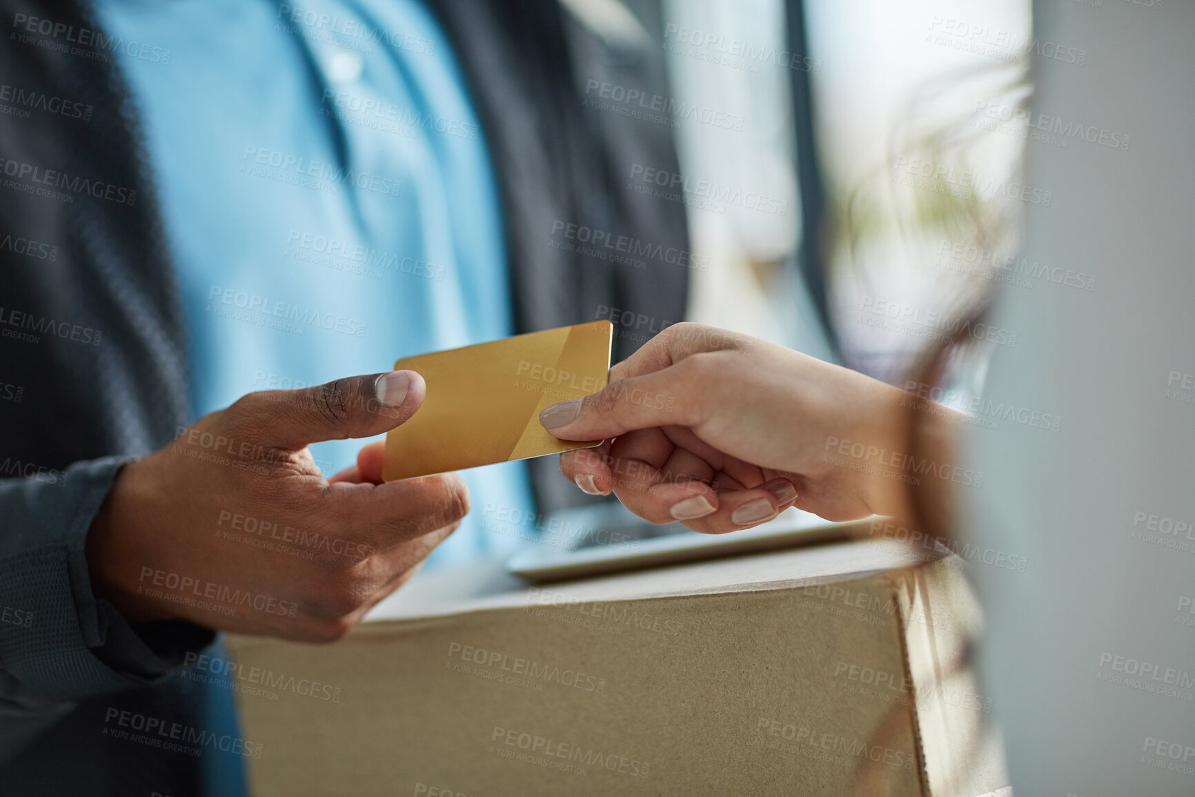 Buy stock photo Credit card, delivery man and hands of woman with tablet, package and online shopping service at door. Ecommerce, courier and customer with cardboard box for distribution, easy payment or POS at home