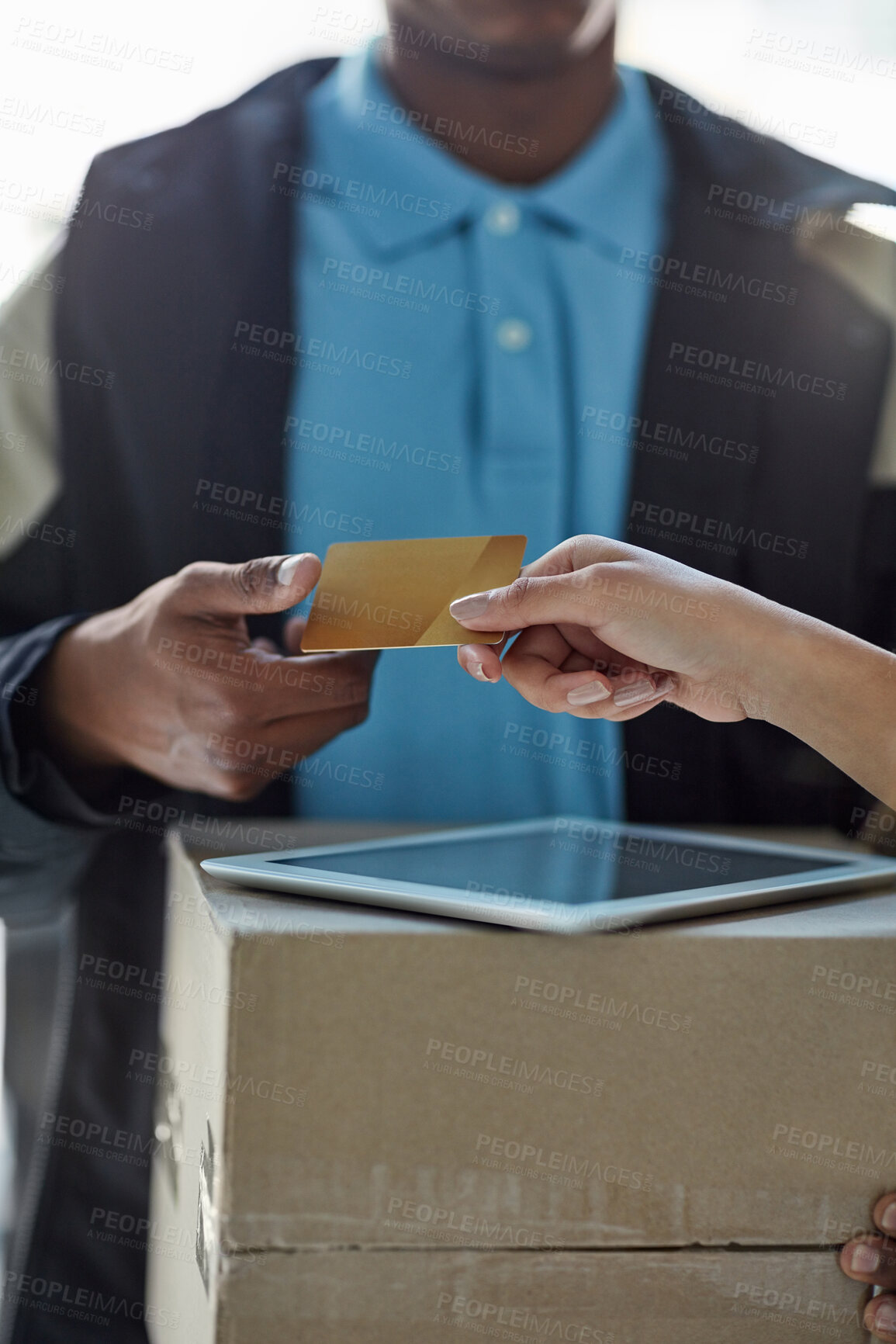 Buy stock photo Credit card, delivery man and hands of customer at with tablet, package and online shopping sales or distribution service at door. Ecommerce, courier and person with box, easy payment and POS at home