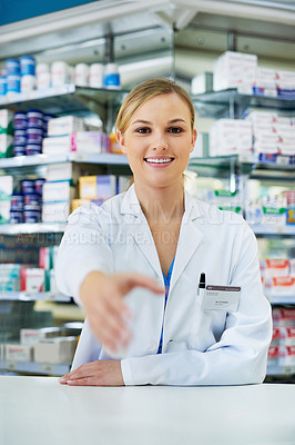 Buy stock photo Woman, handshake and pharmacist portrait in pharmacy, trust and drug store in medication dispensary. Healthcare, worker and medicine retailer, welcome gesture and introduction with professional