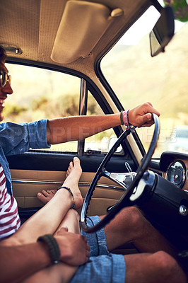 Buy stock photo Relax, travel or feet of couple on road trip for holiday date or driving on vacation in countryside. Happy, transport or people in car with love, romance or support together for adventure journey