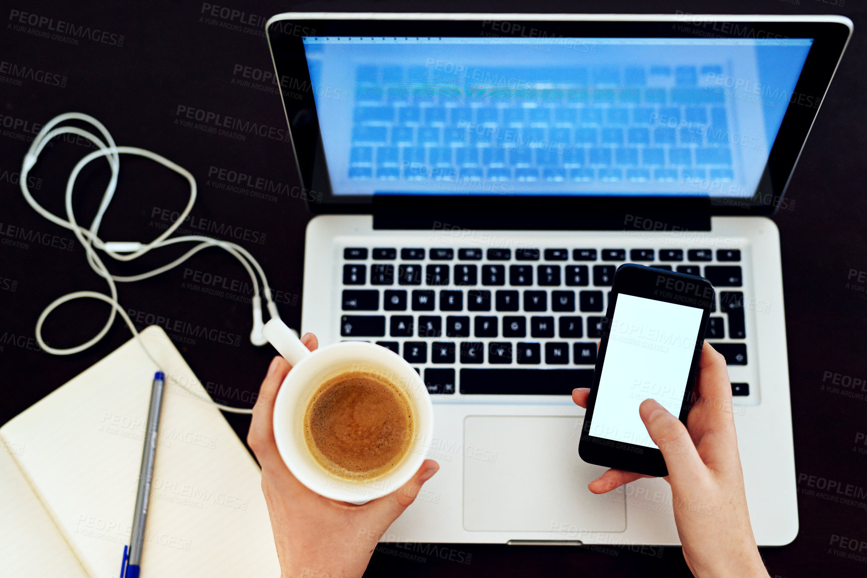 Buy stock photo Woman, laptop and coffee in top view for remote work with smartphone or notebook on black background. Content creator, tech and freelance from above for social media, mockup and brand storytelling