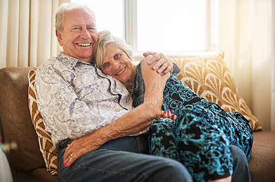 Buy stock photo Hug, love and portrait of senior couple on sofa in living room of retirement home together for romance. Commitment, marriage or relax with elderly man and woman in apartment for bonding or security