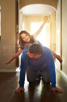 Buy stock photo Playing, happy and father with girl in home for bonding, ride and relax together on weekend. Family, parenting and portrait of dad with child for piggy back, fun and games in living room on holiday