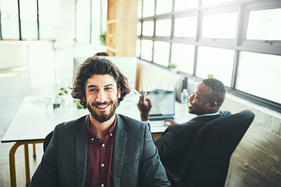 Buy stock photo Portrait, businessman and happiness in office in coworking in digital agency as brand designer. Male person, smile and laugh with colleagues for teamwork, collaboration and deadline with confidence