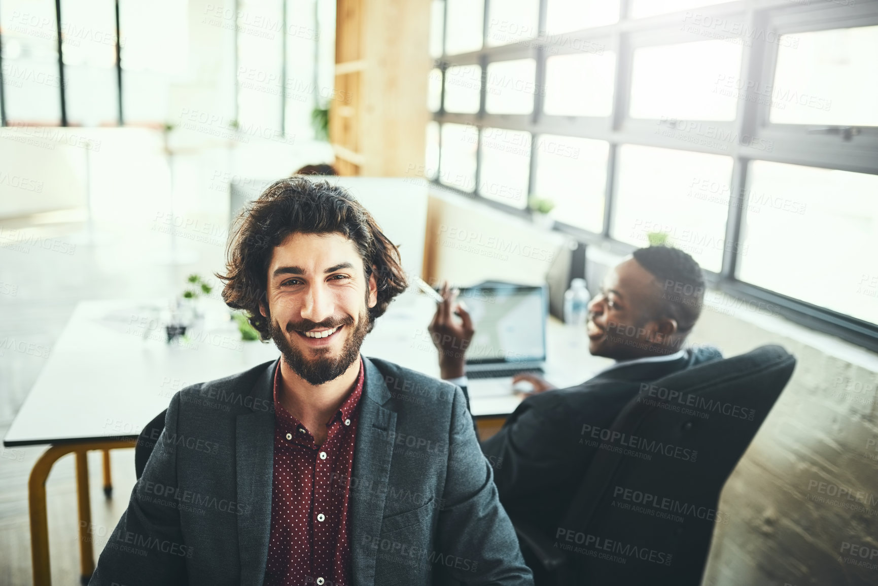 Buy stock photo Portrait, businessman and happiness in office in coworking in digital agency as brand designer. Male person, smile and laugh with colleagues for teamwork, collaboration and deadline with confidence