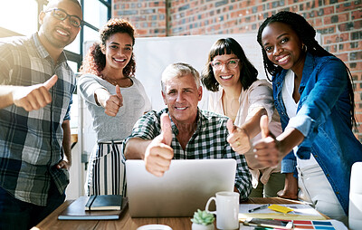 Buy stock photo Thumbs up, laptop and portrait of business people in startup for collaboration, about us and teamwork. Creative office, diversity and men and women with gesture for success, winning and agreement