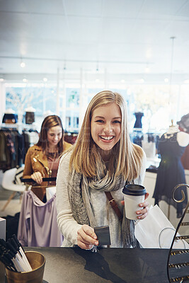 Buy stock photo Customer, happy woman and portrait with credit card, shopping checkout and contactless. Counter, clothing bag and purchase from boutique, smile for discount and buy designer brand at retail store