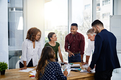 Buy stock photo Boardroom, collaboration and meeting with group of business people in office together for training workshop. Coaching, seminar and workshop with employee team in workplace for upskill development