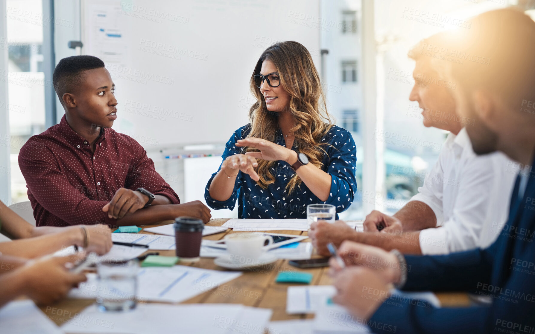 Buy stock photo Collaboration, explain and meeting with group of business people in office together for training workshop. Coaching, seminar and teaching with employee team in workplace for upskill development