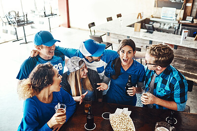 Buy stock photo Sports, fans and people in pub with beer, television and happy celebration of world cup together. Snacks, games and group of excited friends in bar for watch party, drinks and baseball competition