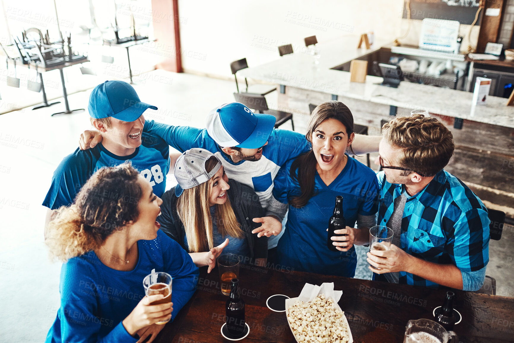 Buy stock photo Sports, fans and people in pub with beer, television and happy celebration of world cup together. Snacks, games and group of excited friends in bar for watch party, drinks and baseball competition