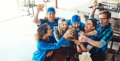 Buy stock photo Sports fans, cheers and people in pub with beer, winning and happy celebration of world cup together. Toast, games and group of excited friends in bar for watch party, drinks and baseball competition