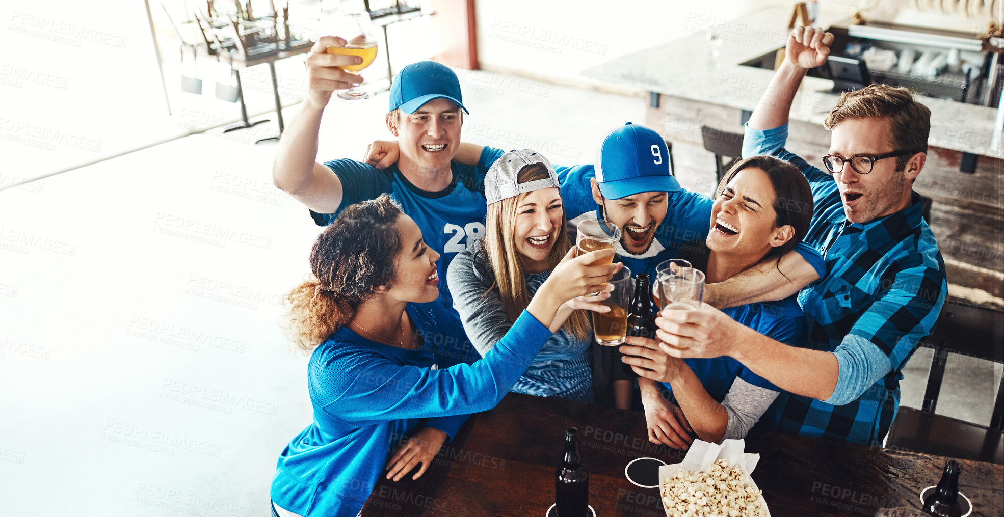 Buy stock photo Sports fans, cheers and people in pub with beer, winning and happy celebration of world cup together. Toast, games and group of excited friends in bar for watch party, drinks and baseball competition