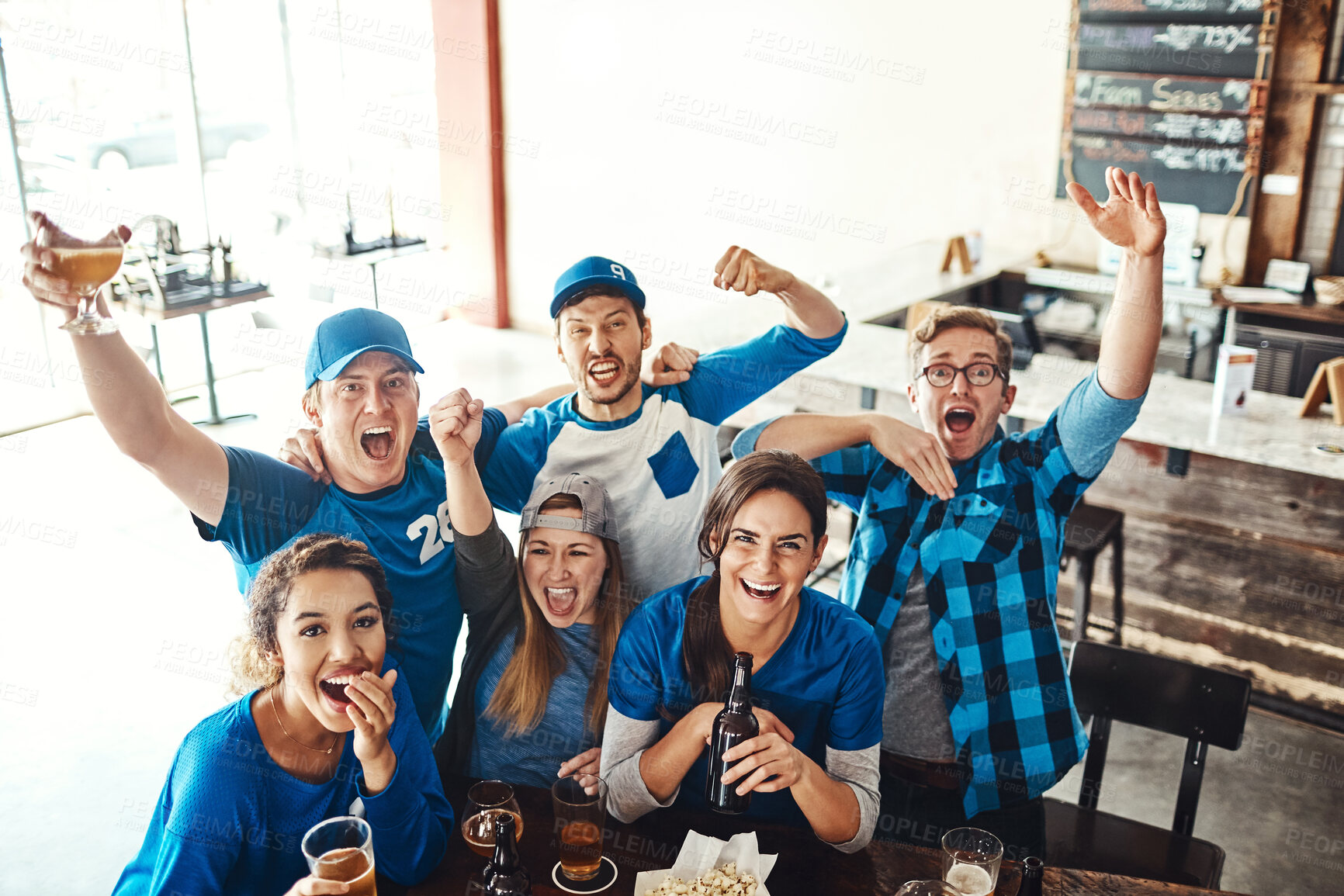 Buy stock photo Sports, portrait and excited people in pub with beer, smile or happy fans celebrate world cup on tv together. Cheers, games and group of friends in bar for watch party, drinks or baseball competition