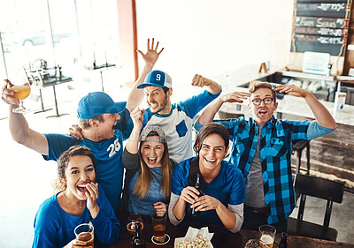 Buy stock photo Sports, portrait and people in pub with beer, smile or happy fans celebrate world cup on tv together. Cheers, games and group of excited friends in bar for watch party, drinks or baseball competition