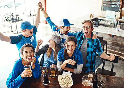 Buy stock photo Sports, celebration and people in pub with beer, smile or happy fans together for world cup on tv. Winning, games and group of excited friends in bar for watch party, drinks or baseball competition