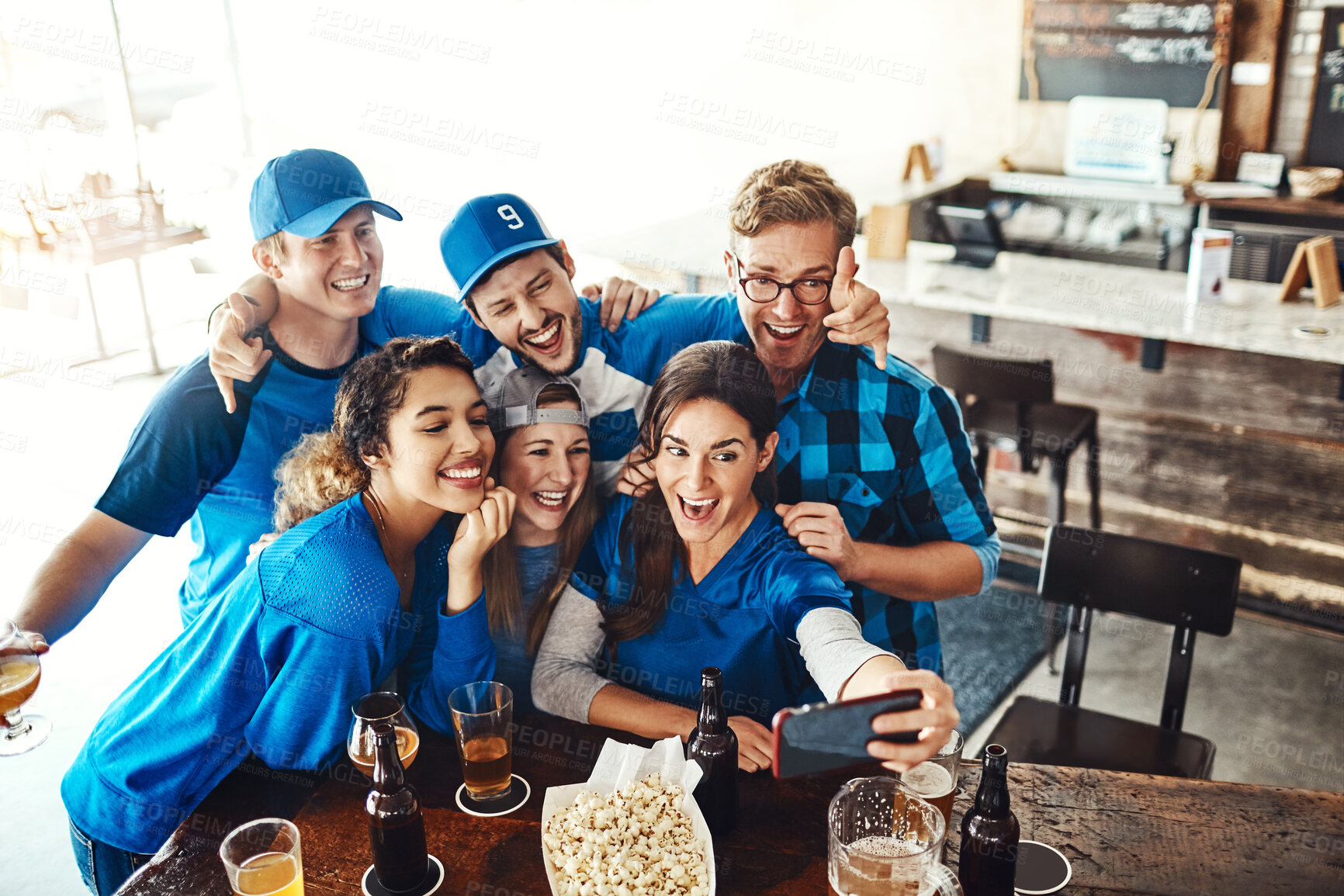 Buy stock photo Sports, friends and people in pub selfie with beer, snack and happy celebration of world cup together. Photography, games and group of excited fans in bar for watch party, drinks and club competition