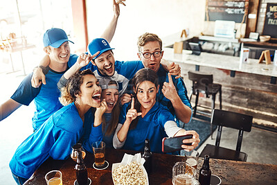 Buy stock photo Sports, fans and friends in pub selfie with beer, snack and happy celebration of world cup together. Photography, games and group of excited people in bar for watch party, drinks and club competition