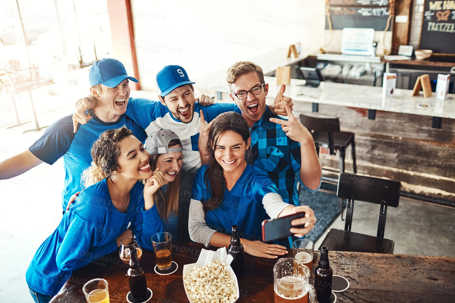 Buy stock photo Sports, fans and people in bar selfie with beer, snack and happy celebration of world cup together. Photography, games and group of excited friends in pub for watch party, drinks and club competition