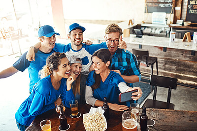 Buy stock photo Sports, friends and people in bar selfie with beer, snack and happy celebration of world cup together. Photography, games and group of excited fans in pub for watch party, drinks and club competition