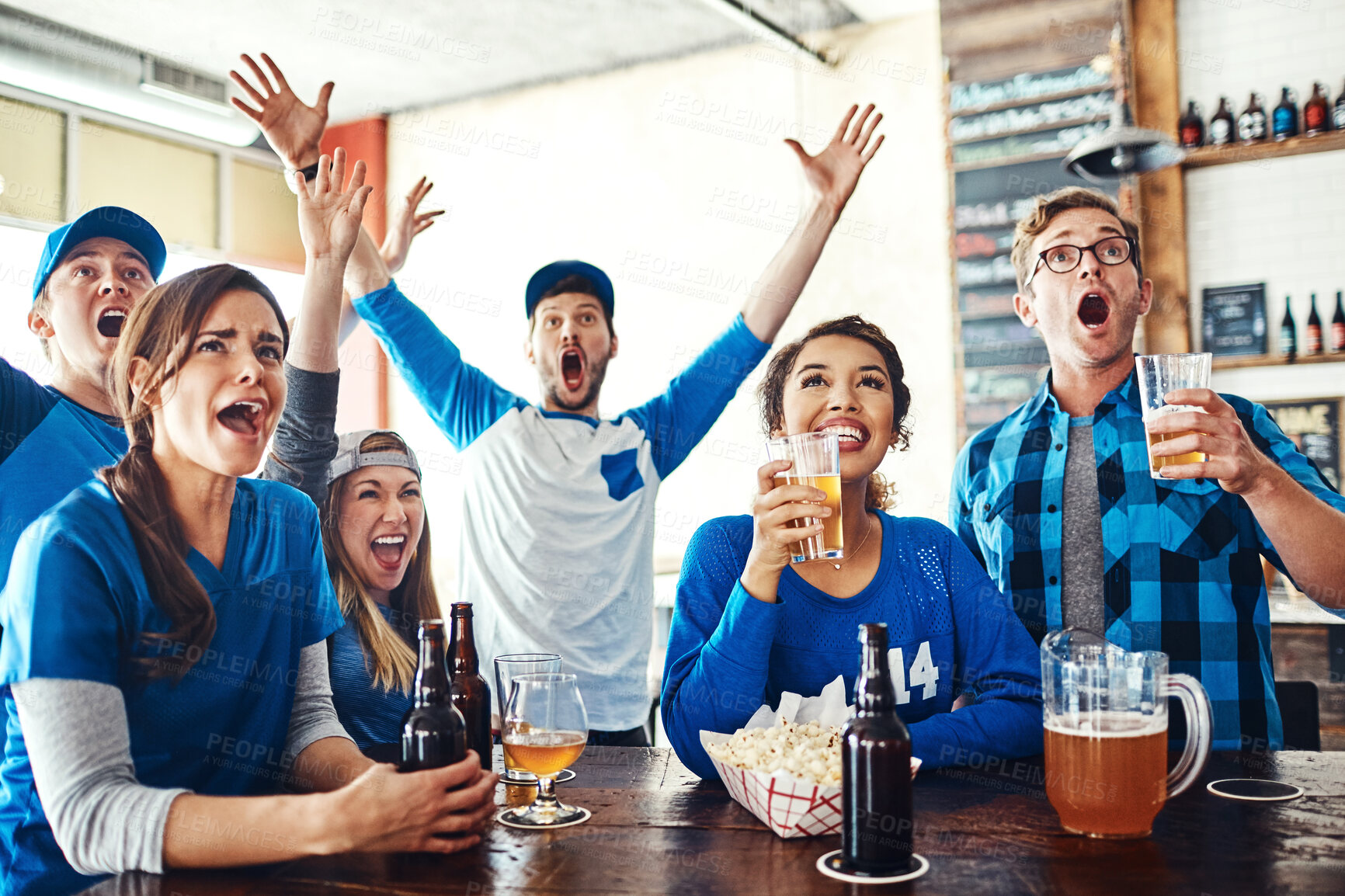 Buy stock photo Sports, friends and excited people in pub with beer, snacks and celebration of world cup together. Cheers, games and group of fans in bar for watch party, drinks or competition on tv at baseball club