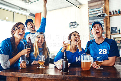 Buy stock photo Sports, fans and happy people in pub with celebration, beer and winning cheers at world cup broadcast together. Baseball, games and group of excited friends in bar for watch party, drinks and support