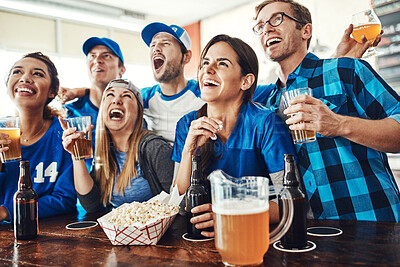 Buy stock photo Sports, friends and people in pub with solidarity, television and beer at broadcast of world cup together. Baseball, games and group of excited fans in bar for watch party, drinks and team support