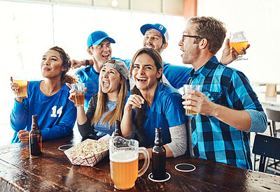 Buy stock photo Sports, fans and people in pub with solidarity, television and beer at broadcast of world cup together. Baseball, games and group of excited friends in bar for watch party, drinks and team support