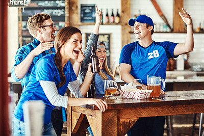 Buy stock photo Sports, celebration and friends in bar with beer, television and fans at broadcast of world cup together. Baseball, games and group of excited people in pub for watch party, drinks and team support