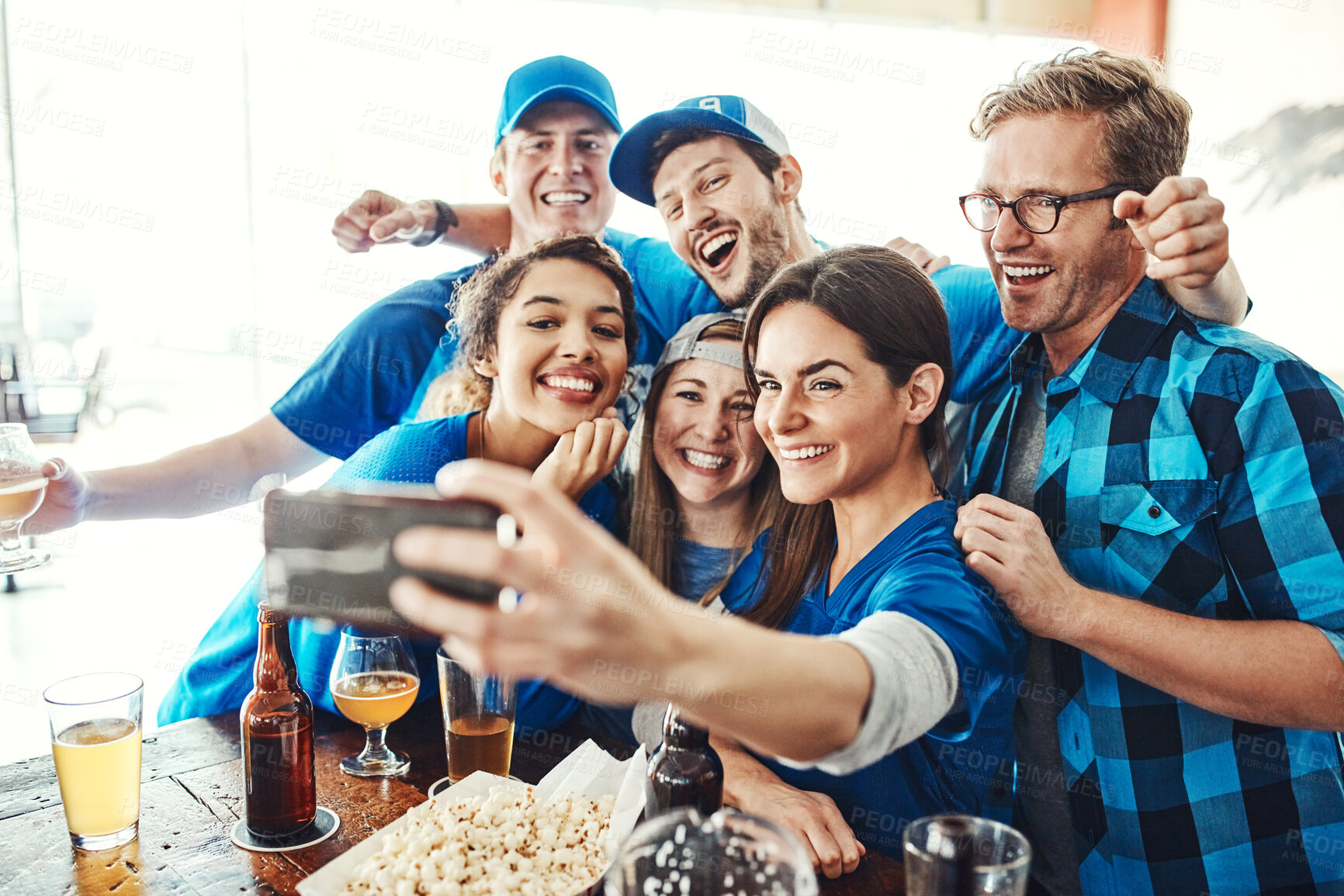 Buy stock photo Sports, fans and happy people in pub selfie with beer, snack and celebration of world cup together. Photography, games and group of excited friends in bar for watch party, drinks and club competition