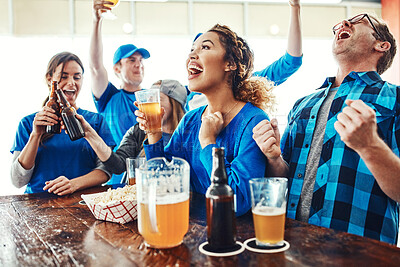 Buy stock photo Sports, men and women in pub with celebration, solidarity and win with beer at broadcast of world cup. Baseball fans, games and group of excited friends in bar for watch party, drinks and support