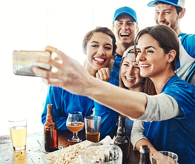 Buy stock photo Sports, friends and happy people in pub selfie with beer, smile and celebration of world cup together. Photography, games and group of excited fans in bar for watch party, drinks and club competition