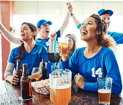 Buy stock photo Sports, men and women in pub with excited celebration, solidarity and fans with beer at world cup broadcast. Baseball fans, games and group of happy friends in bar for watch party, drinks and support