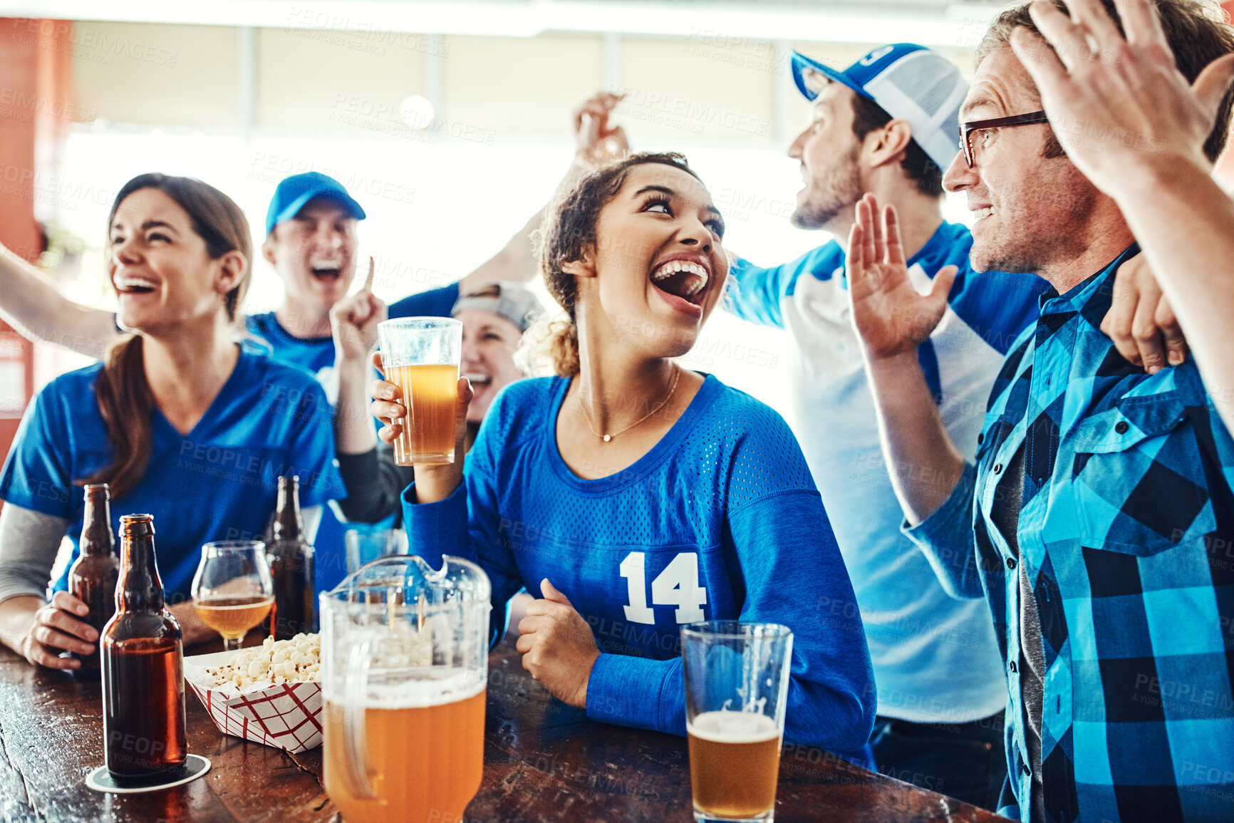 Buy stock photo Sports, friends and excited people in pub with solidarity, television and beer at broadcast of world cup on tv. Baseball, games and group of happy fans in bar for watch party, drinks and team support