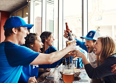 Buy stock photo Celebrate, friends and sports game success, cheers and alcohol for tournament victory of football match. Happy, people and toast beer for winning world cup, celebration and score achievement at pub

