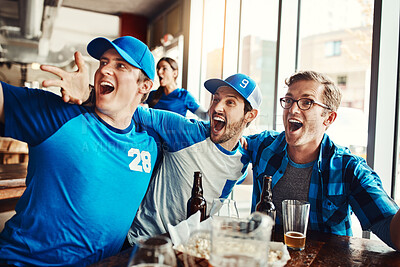 Buy stock photo People, supporters and winning team at pub, cheering for victory in sports on television with celebrating goal. Group, fans and beer for soccer challenge or match as friends with loyalty in world cup